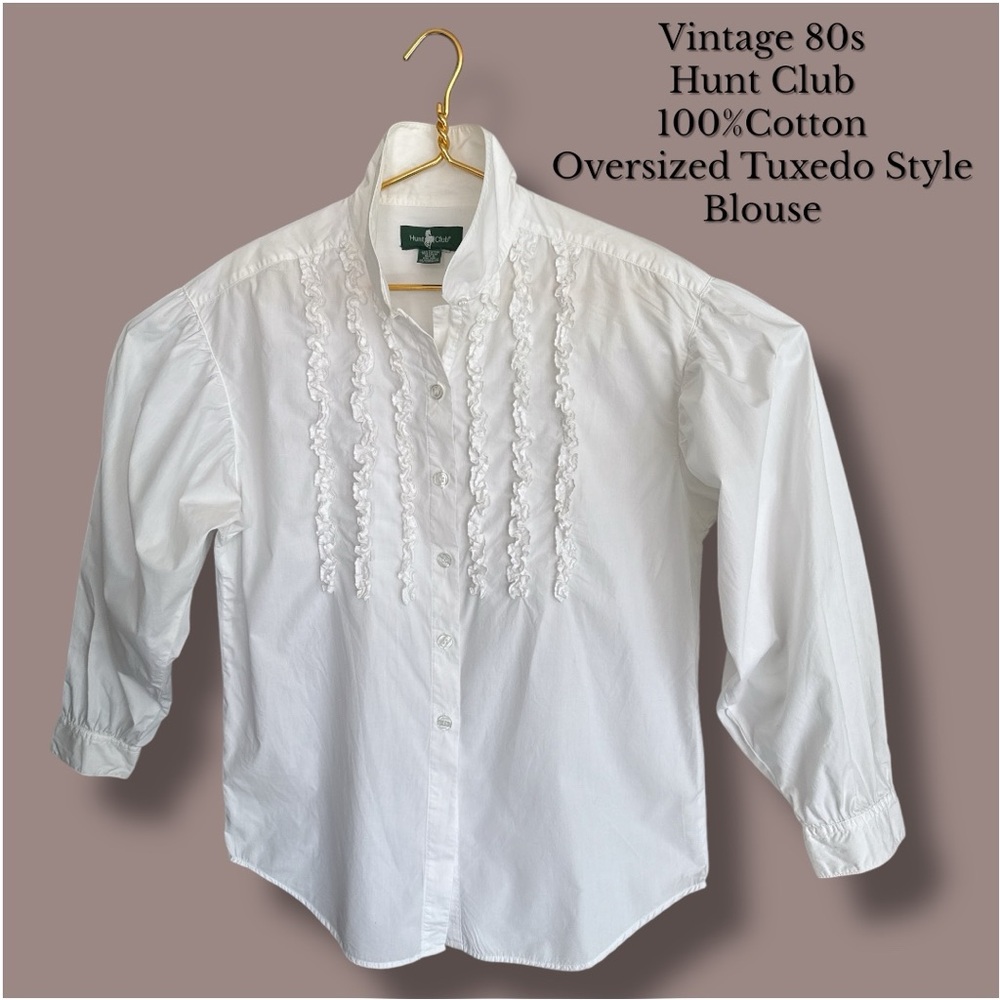 Hunt Club Vintage 80s White Tuxedo Style Cotton Blouse‎ Oversized
